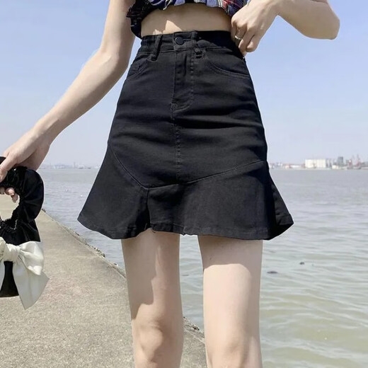 姿伟祺鱼尾裙半身裙女夏季2025新款仿牛仔高腰字休闲短裙 黑色967裙子 S 建议80-94斤