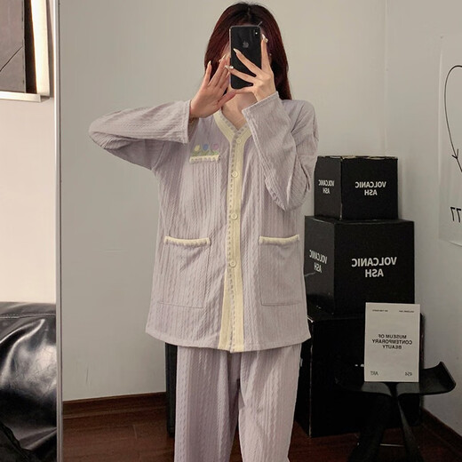 Cool Zhang Xiangao Purple Blume Pyjamas für Mädchen reines Baumwolle mit Brustpolsterfeder und Herbst neue Strickjacke Langarmhosen Home Kleidungsstück 9926# Drei Blumen-lila eins Größe m