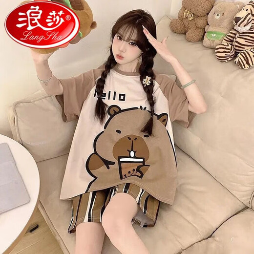 浪莎睡衣女夏季纯棉短袖韩版可爱卡通学生大码女士家居服两件套装夏天 897 女标准M[75-90斤] 均码