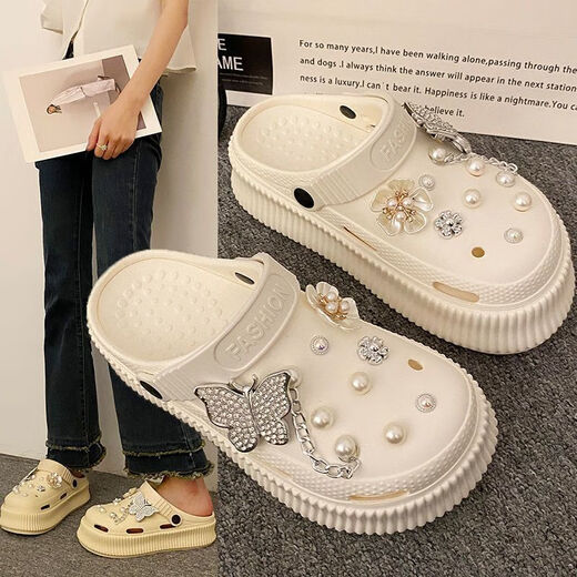 Réduisez mignon Chaussures de trous de papillon de dessin animé pour femmes avec une merde épaisse se sent sandales blanc laiteux [9905] Crystal papillon 38 Taille 39 [Convient pour 37-38 pieds]