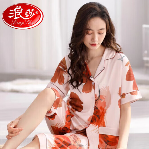 Langsha 2025 sinnlicher Pyjama-Sommer-Sommer-Kurzarm-Kurzhose Seidenmutter Revers Home Clothing Set Outdoor MD983 M [Vorgeschlagen 80-100jin [Jin ist 0,5 kg]]