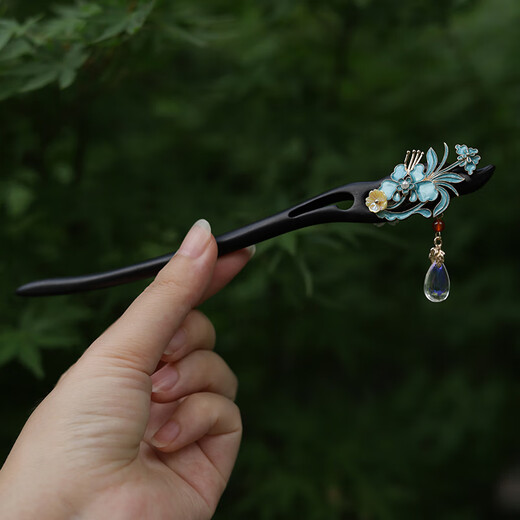 Kamalun (KAMALUN) new Chinese style hairpin for women, antique style imitation dotted green burnt blue butterfly double-sided high-end Hanfu hair accessories step sandalwood hairpin Xiangyun butterfly burnt blue + boutique gift box