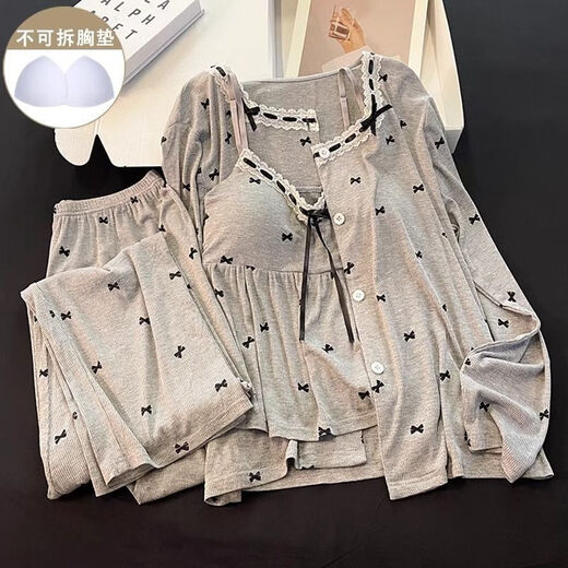 Fhhuabd-Pyjamas mit Baumwoll-Reisstadel für Frauen Frühling und Herbstmodal warm warm, langhärme graue Schlinge Bug Kleidung Drei-teilige Set 6621#. Schwarz-Modal Drei-teiliges Set L empfohlen 100-120jin [Jin ist gleich 0,5 kg]