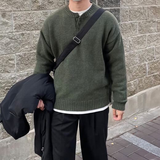 DAVID&ME Henry collar sweater men's spring and autumn new style Japanese retro light literary casual simple versatile loose pullover sweater Army Green M