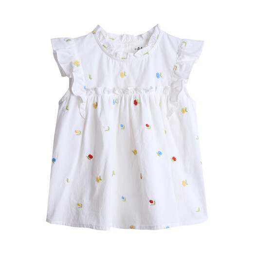 Xiaoyinman girls' shirt ruffled small flying sleeves summer children's middle and large children's fungus round neck casual top flower art 150