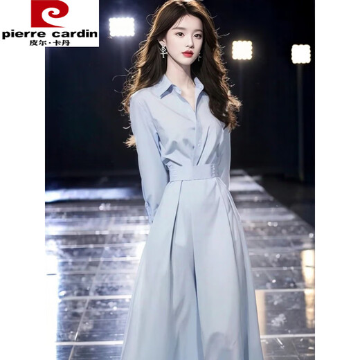 皮尔卡丹（pierre cardin）正式场合气质高端精致长裙春季小众不撞款蓝色衬衫收腰连衣裙子女 单件连衣裙 L