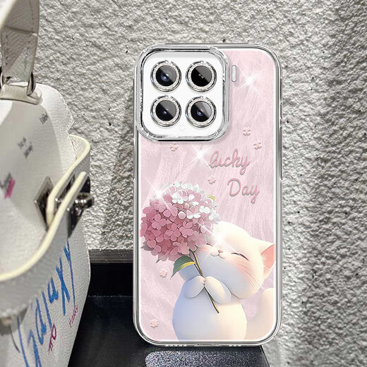 Suitable for Xiaomi 15 mobile phone case pro feather yarn new 14 hydrangea pink cat red rice k80 light luxury k70/60/50 supreme version/note14 female model comes with lens film protective cover fine hole feather yarn-hydrangea pink cat Xiaomi 14