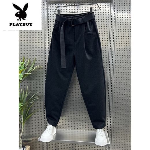 花花公子（PLAYBOY）2025新款网红条纹休闲裤男夏季西裤潮流百搭哈伦裤宽松锥形萝卜裤 黑色 28