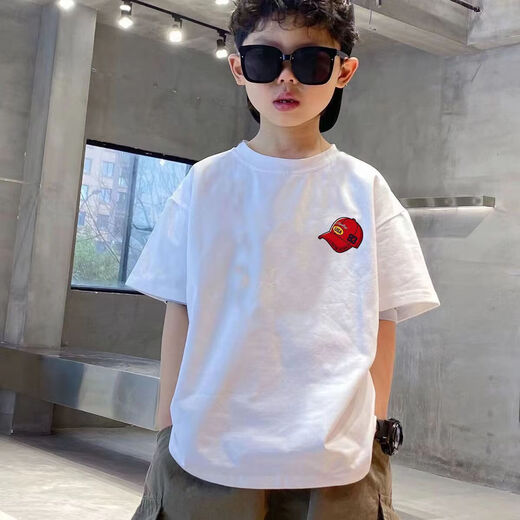 Pure Cotton Boys T-Shirt Sommer Kurzarm 2025 Kinder Sommer mittelgroßer Kinder Sommerjungen reine Baumwoll-Top-Shiling-halbärmelige Vorder- und Rücken weiß [Kokosnussbaum Ca#694] 120 (vorgeschlagen 40-50jin [Jin gleich 0,5 kg]))