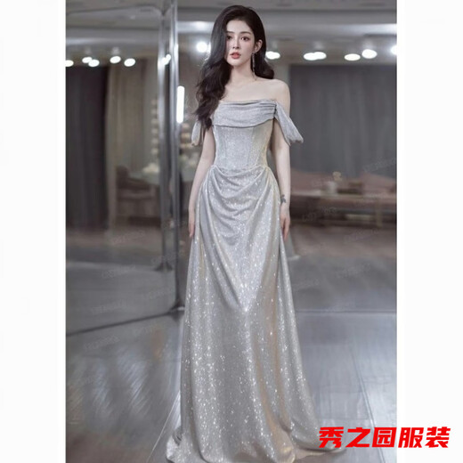 范哲莎银色晚礼服新娘结婚订婚爆闪敬酒服晨袍生日宴会主持人婚纱 灰色爆闪 S