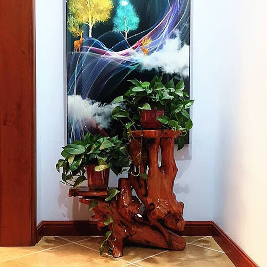 XMSJ原木根雕花架树根摆件客厅多层盆景架鱼缸底座 黑色 16865