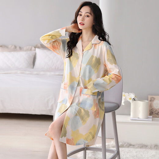 Langsha Frühling und Herbstnacht mit Brustpolster Frauen-Pyjamas Rock Frühling und Herbststil Xinjiang Baumwolle Langarm Herbst Herbst Dünne Hemdkleid 7xrtb-2694 L Frauen [100-120jin [Jin gleich 0,5 kg]]