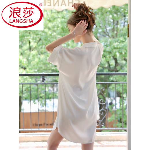 浪莎（LangSha）冰丝睡裙女春夏季情调衣薄款男友风时尚衬衫宽松款大码性感睡衣 白色 724 XL 170 140-150斤