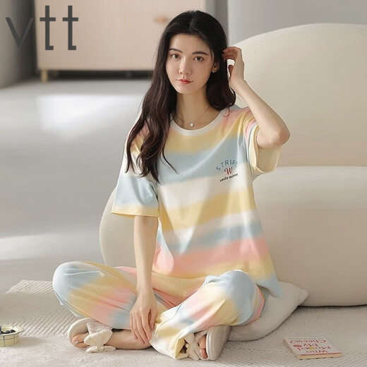 
VTT pajamas for women in summer pure cotton short-sleeved trousers thin cotton summer round neck home clothing set can be worn outside V short-sleeved trousers: YZT9720 M