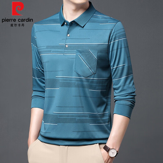 皮尔卡丹（pierre cardin）夏季冰丝男士t恤长袖春秋新款中老年休闲男装薄款爸爸有兜体恤衫 B753横条 蓝色 XL 175/115/52