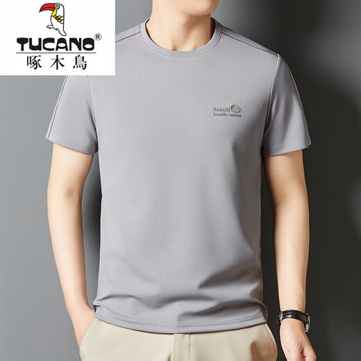 Woodpecker summer ice silk short-sleeved T-shirt for men's thin quick-drying middle-aged round neck loose summer solid color T-shirt 723-1m camel 2XL