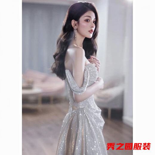 范哲莎银色晚礼服新娘结婚订婚爆闪敬酒服晨袍生日宴会主持人婚纱 灰色爆闪 S