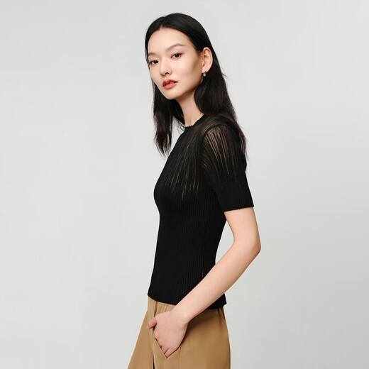 Ep Yaying Damenbekleidung Maulbeer-Seidenacetat Kurzarm Stick T-Shirt Unterwäsche Basis Top 2025 Sommer Neu 9905A Schwarz L.