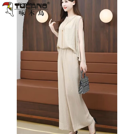 Woodpecker (TUCANO) European fashion cool ice silk sleeveless suit for women 2025 summer new loose slimming and slimming meat and fashionable two-piece set apricot color set (high-quality heavy cotton) XL 120-135Jin [Jin equals 0.5 kg]