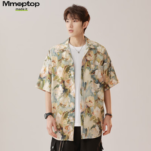 MMOPTOP THAI RETRO Floral Hemd Sommermänner Ice Seide Kühle atmungsaktive kurzärmelige Top MCS16 Sabah Aprikose L.