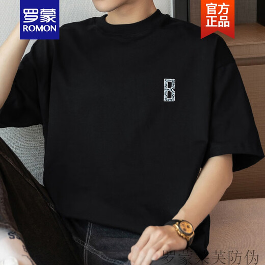 
ROMON (ROMON) 260g men's short-sleeved T-shirt trendy brand summer heavyweight pure cotton round neck top trendy cotton half-sleeved T-shirt M09-963 black S (suitable for 80-100Jin [Jin equals 0.5 kg])