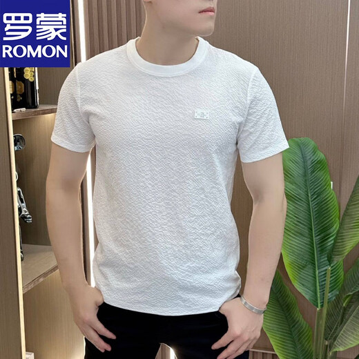 Romon (Romon) 2025 Neues T-Shirt für Männer im Sommer leichter Luxus, vielseitiger runder Hals Cooler, hochwertiger trendiger halbärmeliger Eisseide-Hemd 1105 Weiße leichte Luxus-Textur XL 125-145jin [Jin entspricht 0,5 kg]