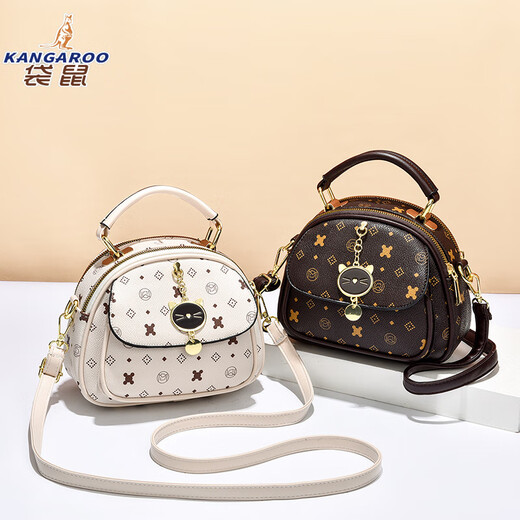 Kangaroo (Kangaroo) Kleine Tasche Neue 2025 Frauenbeutel Trendy Fashion Internet Promi Einschuld Crossbody Bag Handheld Small Runde Tasche bedruckte kontrastierende Farbe Frauenbeutel Kaffee Blume Weiß