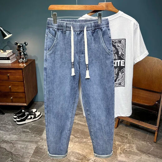 Tonyjeans Nawan Sommer Dünne Stil Elastischer Taille Denim Männer losen elastischen kleinen Füßen High-End High-End weiche Klace-Kordelzug Casual Hosen 6623 Blau-Summer-Stil 28 95-115jin [Jin gleich 0,5 kg]