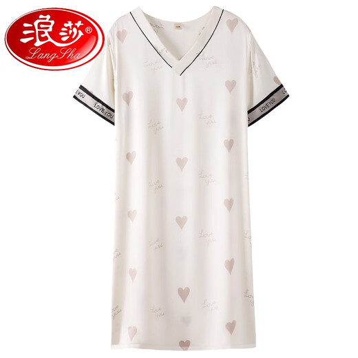 Langsha 2025 Nachthemd Frauen Sommer kurzärmeligte Pyjamas Kleid für die Sommeremulation von Frauen Emulation Seiden Sommer bequemer großer Kleidermilch-Aprikose M9926 [kurzes/brustloses Pad] M [90-110jin [Jin gleich 0,5 kg]]