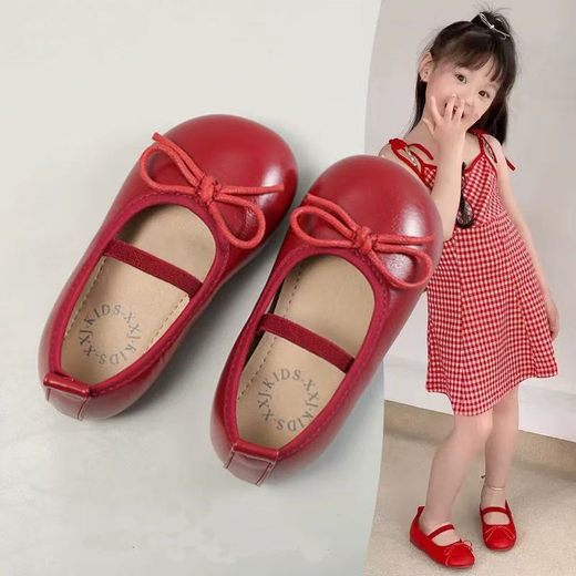 Ershanji 2025 Spring and Summer New Girls' Leather Shoes with Bow Knot Children's Shoes Little Girls Princess Shoes Soft Sole Peas Shoes Shallow Mouth Single Shoes Bow Knot Leather Shoes Wine Red Size 32 Inner Length 19.2cm