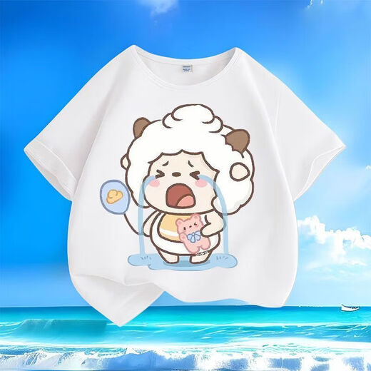
Crying Lazy Sheep Summer New Printed Men and Women Small and Medium Children Short Sleeve T-shirt Pure Cotton Round Neck Casual Trend-SL White-KX698 Lazy 150 [Suggested height 140-150 cm]
