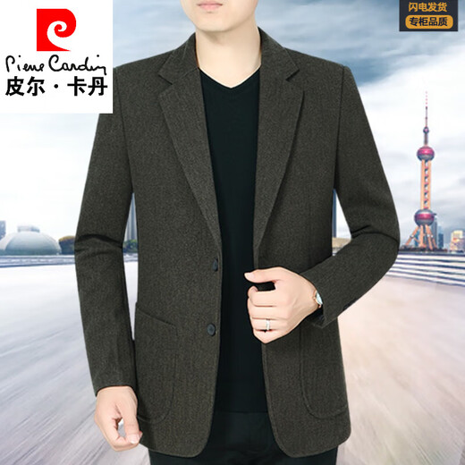 皮尔卡丹春秋单件爸爸装男士西装中年人羊毛休闲便西服大码中老年外套上衣 灰咖啡 L 175(140斤-155斤穿)