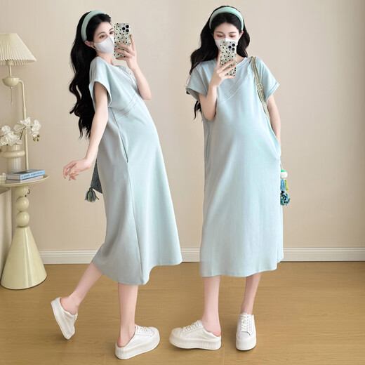 苒琦妈咪孕妇连衣裙夏季薄款纯棉慵懒风孕妇裙时尚简约孕妇装夏装短袖裙子 芥末绿 XL