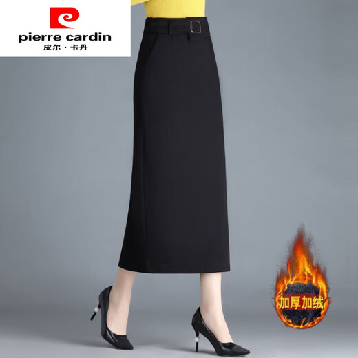 Pierre Cardin (pierre cardin) skirt women's hip skirt autumn and winter new high-waisted slim mid-length straight thickened slit one-step skirt long skirt black winter style plus velvet thickened 3XL 136-145Jin Jin is equal to 0.5 kg