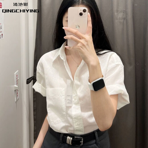 清池影（QINGCHIYING）小个子盐系穿搭港风复古Polo领宽松显瘦白色衬衫牛仔半身裙两件套 【单件】687#白色衬衫 M 【建议90-100斤】