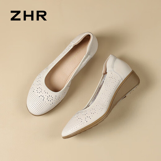 ZHR wedge single shoes for women hollow breathable summer women's shoes lightweight and simple boat shoes for women KM33 beige 38