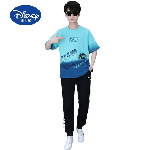 迪士尼（Disney）夏季青少年短袖t恤男孩衣服高中初中学生大童夏装帅气运动套装潮 白灰色 套装TZ9226款 185 2XL【120-135斤】