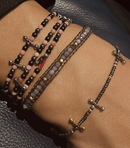 Chishe Little Series Leather Rope Tanzanite and Silver Gold-plated Handmade Silver Beads Brown Retro Leather Rope Bracelet Seaside Vacation M-L One Size