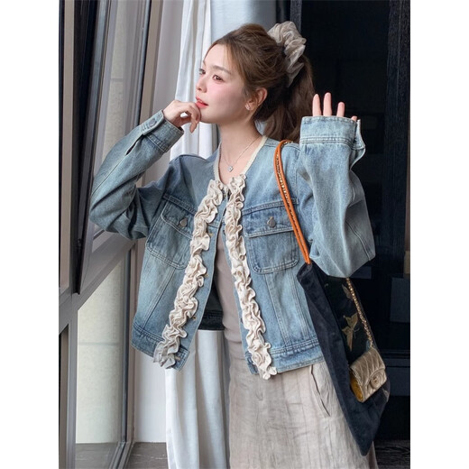 Touch Miss Black Pilgus Lace Lace Denim Jacke für Frauen Frühling und Herbst 2025 New altersreduzierende süße Top TM9896gy Denim Blue M.