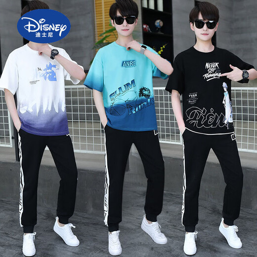 迪士尼（Disney）夏季青少年短袖t恤男孩衣服高中初中学生大童夏装帅气运动套装潮 白灰色 套装TZ9226款 185 2XL【120-135斤】