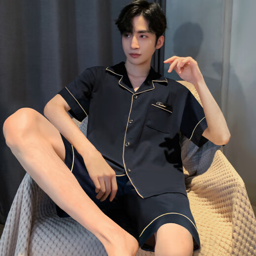 Catman MiiOW pajamas men's summer thin ice silk short-sleeved teenagers can wear men's 2025 new home clothing set 12532 [Yunduo Cotton Crepe] L (suggested height 170, weight 100-13