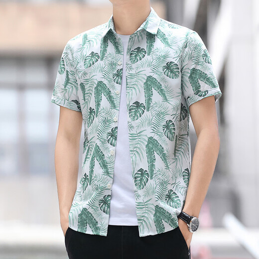 老爷车短袖花衬衫男2025新款夏季薄款修身半袖休闲沙滩衬衣韩版潮流寸衫 ZZ829兰色 L 90-108斤