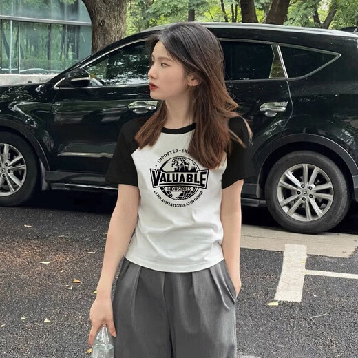 GTYUWVG女士纯棉短袖t恤女2025夏季新款设计感小众韩版宽松插肩袖上衣ins 1585白色/黑色插肩款短袖黑色印 S