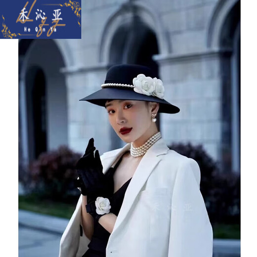 Heqinya camellia sun hat top hat British French elegant pearl edge hat photo studio enlarged brim hat black adjustable