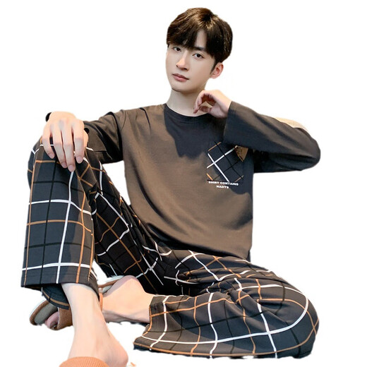 Guanmao Pei Pyjamas Herren Herbst New Pure Cotton Longleved Anzug für Jugendliche losen Hauskleidung Einfaches kann außerhalb des zweiteiligen Sets getragen werden 01F9903 175 Men-l