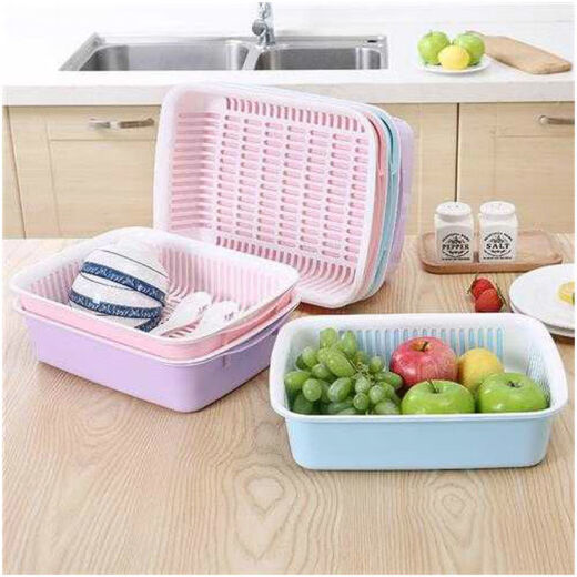 An Junsheng large vegetable washing blue double-layer drain basket fruit basket kitchen household rectangular drain basin plastic bowl and chopsticks drain basket green 34*26*9 cm double layer