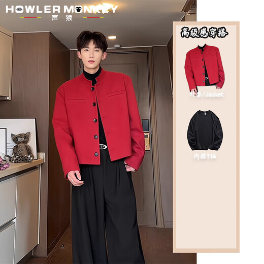 Singmonkey -Anzug Jacke Herren Frühling und Herbst New Chinese Style Herren -Gelegenheitsanzug Ständer Halsband Kurzer Yuppie Schulter -Pad -Jacke Set Schwarzer Anzug + schwarzer Pullover + Schwarze Hosen xl