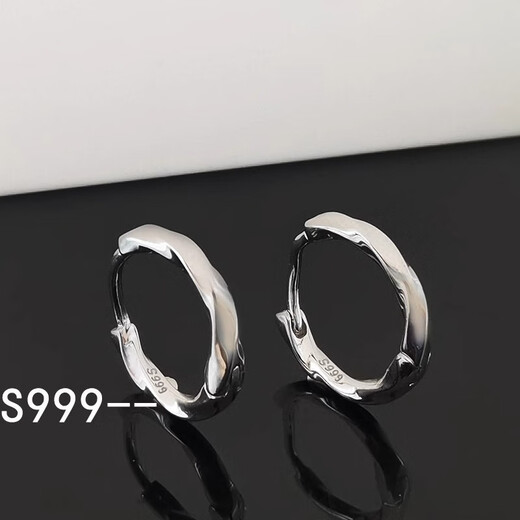 Ruanyi S999 sterling silver earrings men's ear piercing plain hoop earrings earrings 2025 new hot style trendy women's single earrings 999 sterling silver twisted earrings white (2 pieces) 10mm (gift box + certificate)