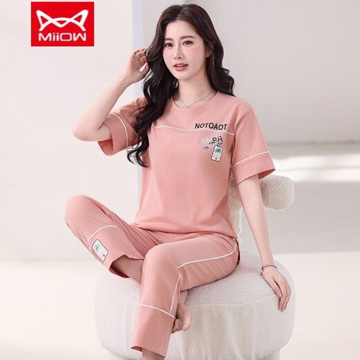 
Catman (MiiOW) pajamas for women in summer pure cotton thin short-sleeved trousers New Year's new suit Summer home clothes can be worn outside 7374 bean paste powder M [80-100Jin [Jin equals 0.5 kg]]