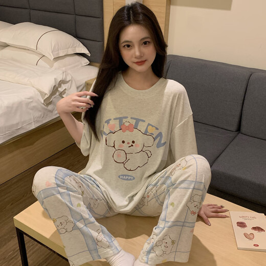 梦鸾睡衣女夏季韩版可爱卡通短袖短裤三件套装2025新款休闲宽松家居服 684-3 蝴蝶结狗 M
